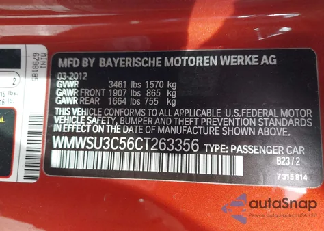 2012 Mini Cooper z USA, uszkodzony, nr VIN WMWSU3C56CT263356